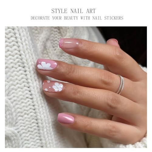 Gel Nail Stickers French Tip Pink White Flower Semi Cured Gel Nail Strips