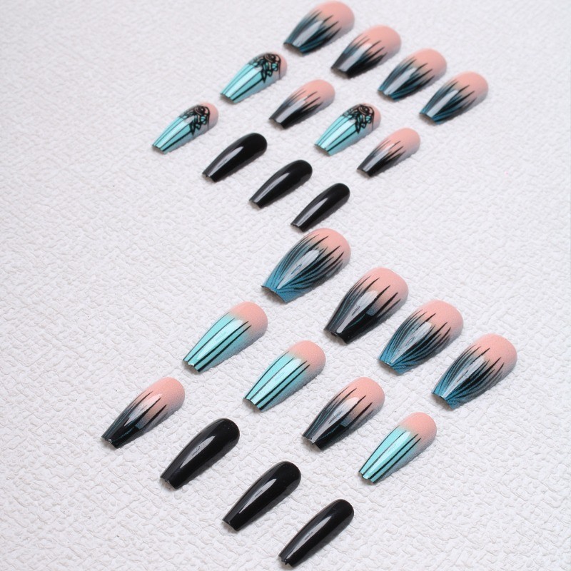 48pcs-Black & Teal Ombre Press on Nails, Coffin Nude with Hand-Painted Roses