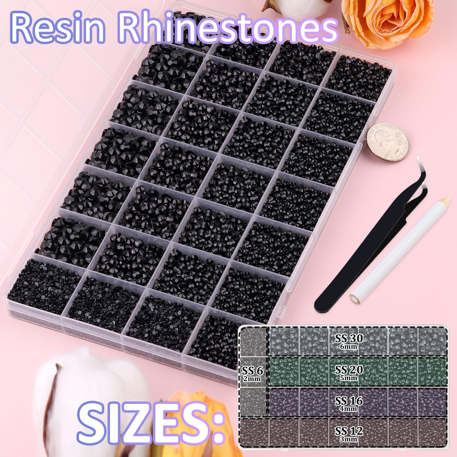 30000Pcs Resin Rhinestones for Bedazzling with Tweezers, Black Rhinestones for C