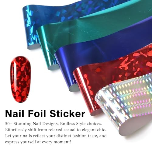 50 Sheets Holographic Nail Foil Transfer Stickers, Red Purple Green Color a