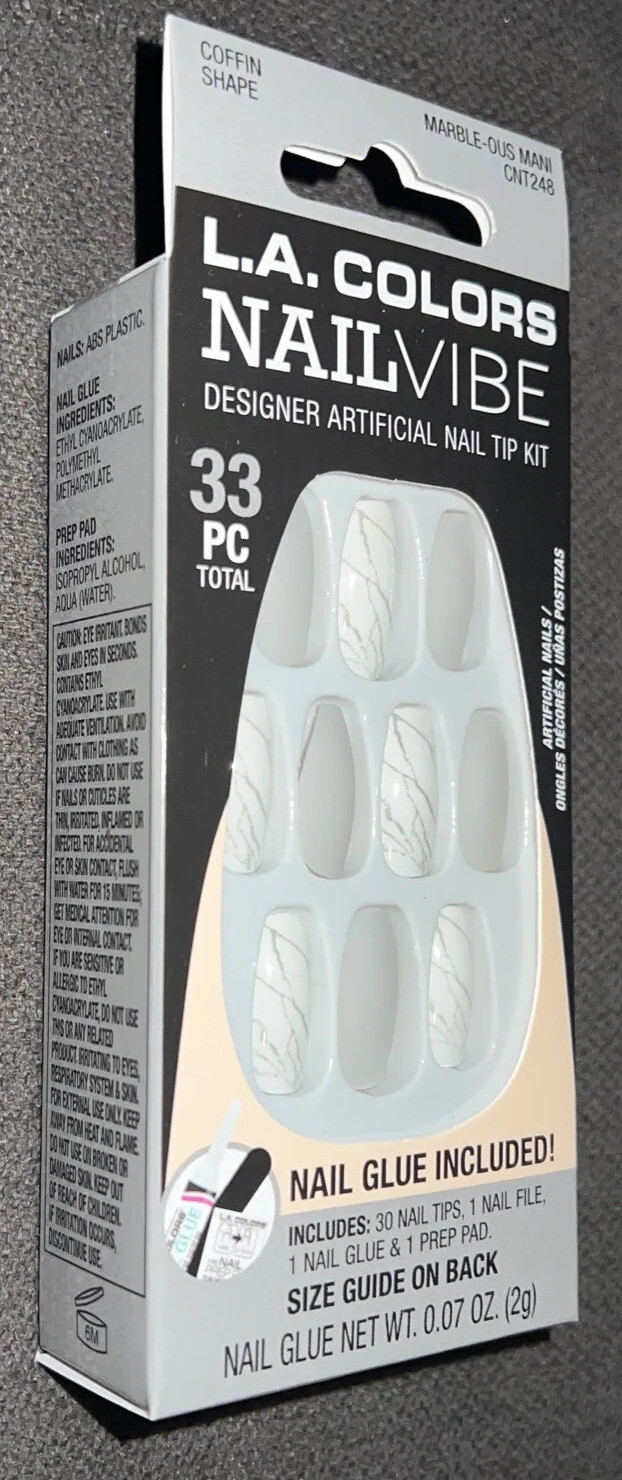 L.A. COLORS Nail Frill Artificial Nail Tips, Marble-ous Mani, 33 Pieces