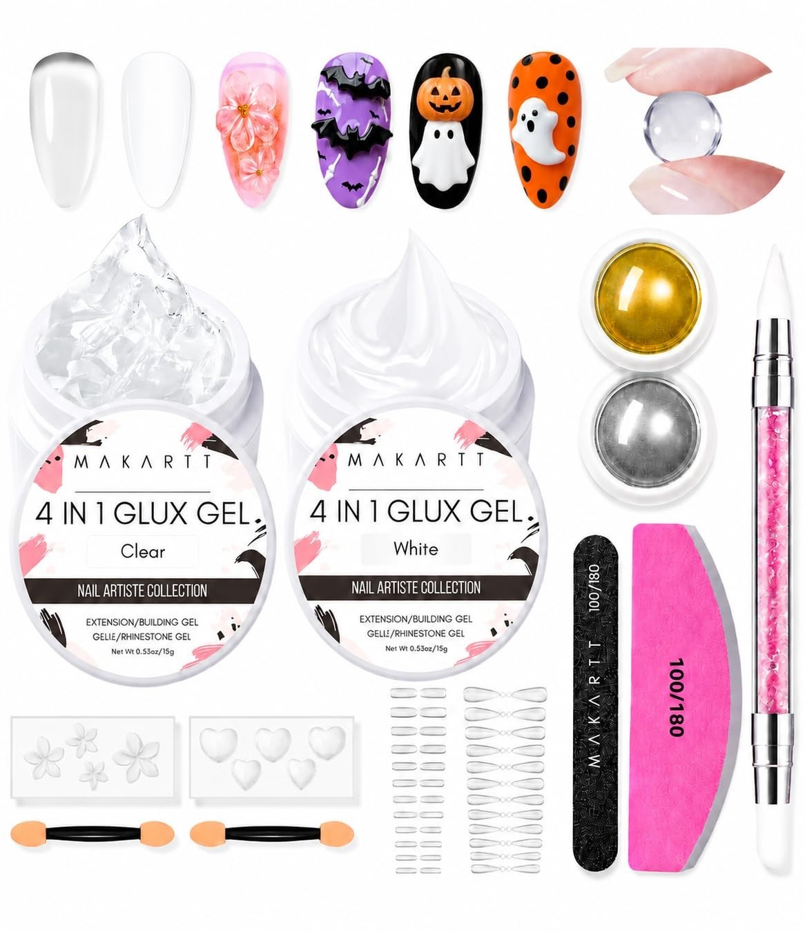 3D Gel Nail Art Starter Kit – 4-in-1 Molding & Sculpting Gel, Clear/White, Chrom
