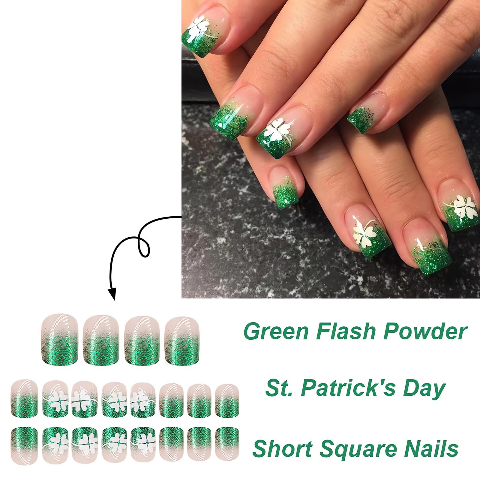 St. Patrick’s Day Press on Nails Short Square Fake Nails Green French Tip Pre…