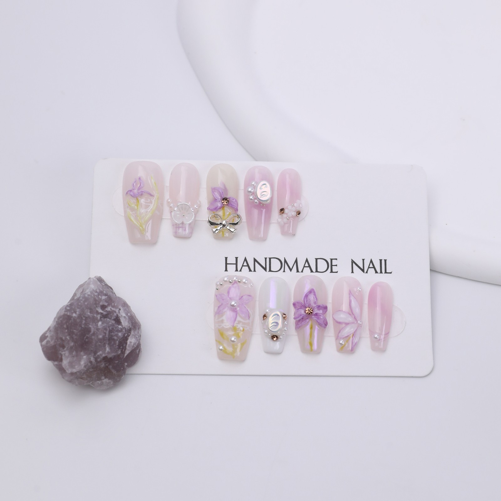 Handmade Pink Purple Lily Press On Nails Medium Coffin Pearl Bow Fairy Elegant