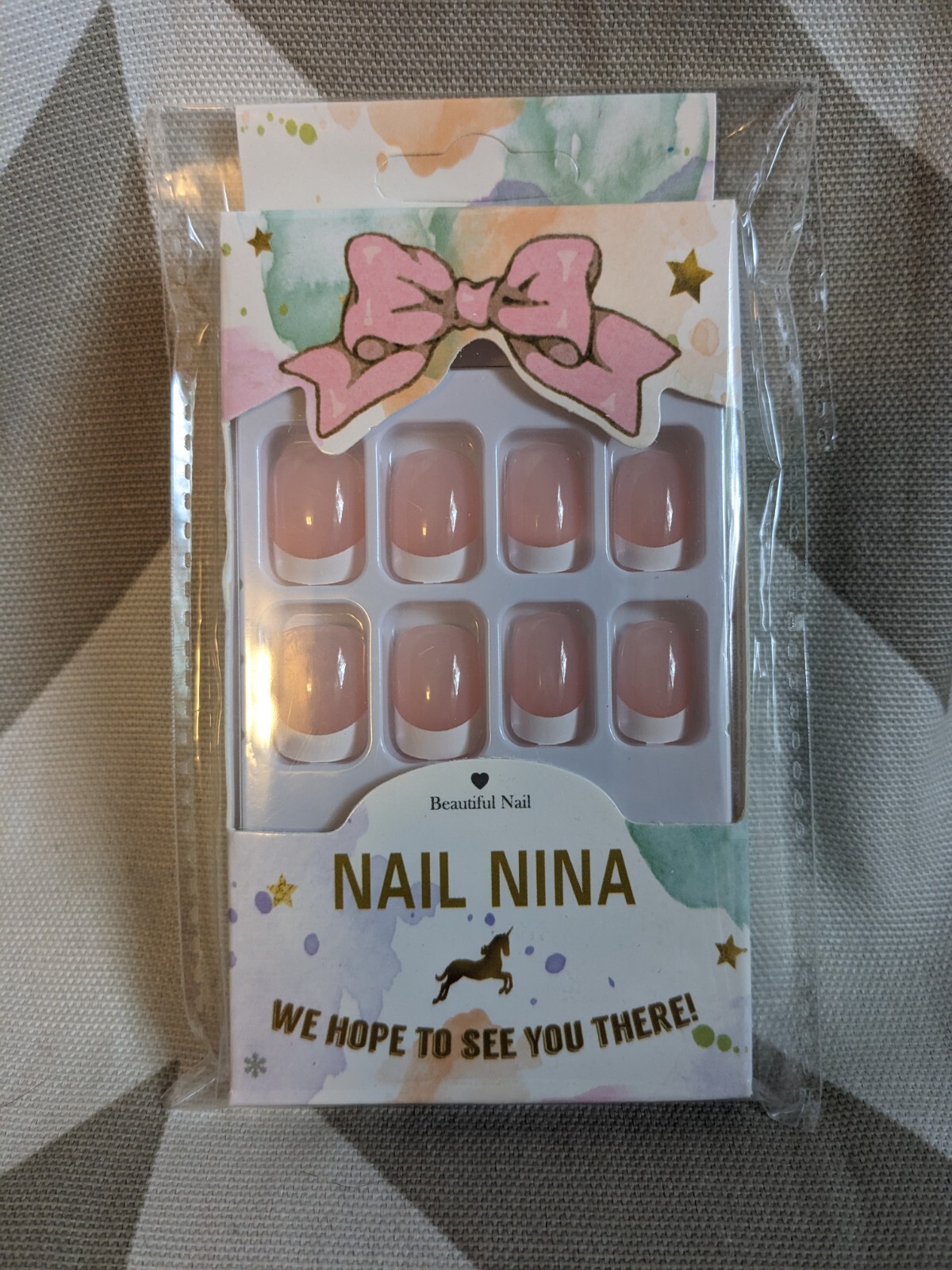 Beautiful Nail Nina Medium Length Almond Shape Pink & White Press On Nails
