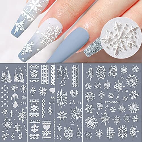 Snowflake Nail Art Sticker Decals 5D Embossed Christmas 4pcs Snowflakes a