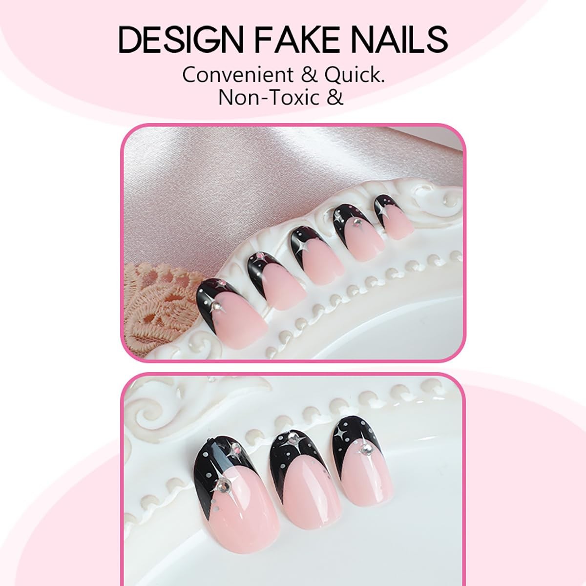 Black French Tip Press on Nails Almond Fake Nails Silver Star Rhinestones Des…