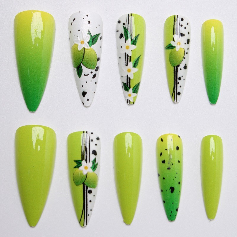 48pcs-Summer Lemon Themed Press on Nails, Almond with Ombre Yellow Green Tips