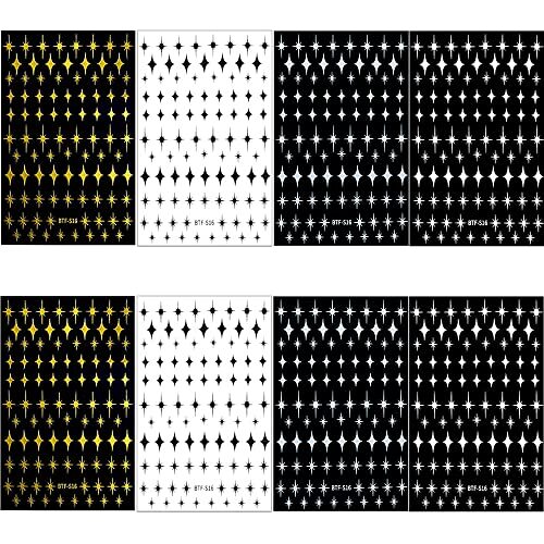 8 Sheet Shiny Gold Stars Nail Stickers Silver 3D Four-Pointed Star Nail