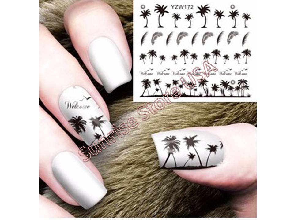 Nail Art Water Transfer Sticker Palm Tree Aloha Feather Flamingo Bird Decals DIY