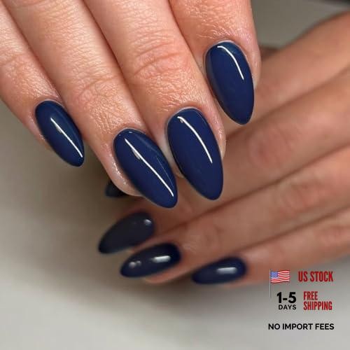 Navy Blue Press on Nails Medium Almond Dark Royal Fake Nails with Royal Blue