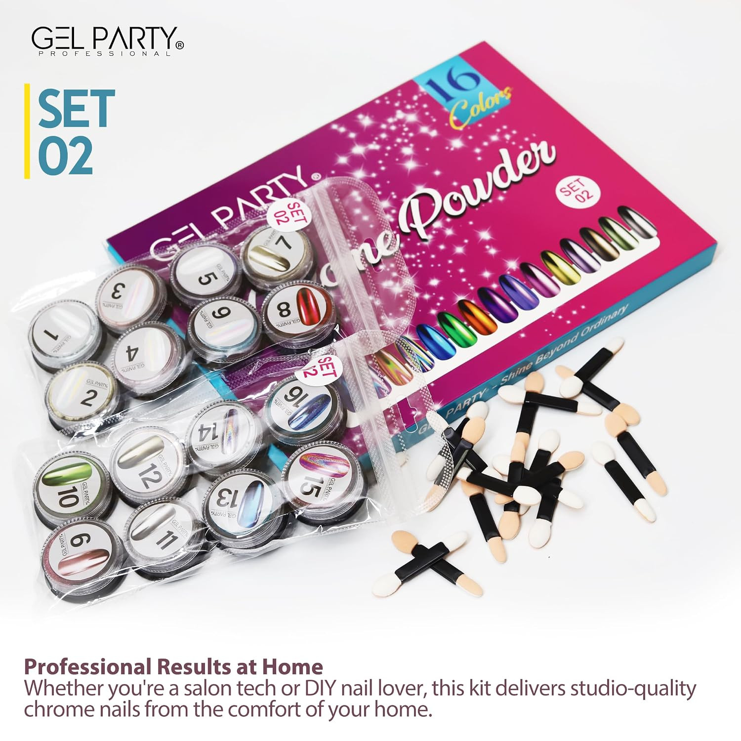 GELPARTY 16 Colour Chrome & Holographic Nail Powder Kit – Mirror-Effect Metallic