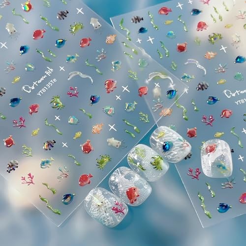 Ocean Fish Nail Stickers Self-Adhesive Cute Nail Decals Cartoon Seaweed Style 6