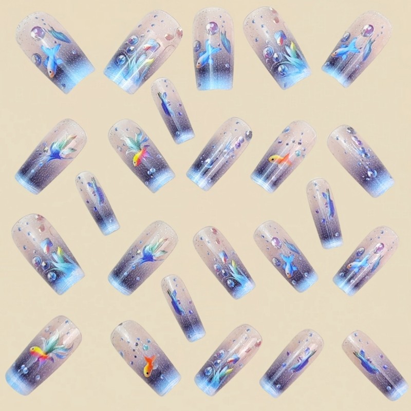Seawater Patterned Press On Nail 24 Pieces Blue Goldfish Design Comfortable Wear