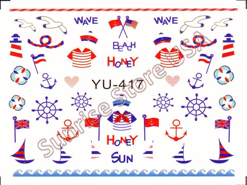 Nail Sticker Water Transfer Palm Tree Hawaii Anchor Fruit Flower Flag Bird Beach