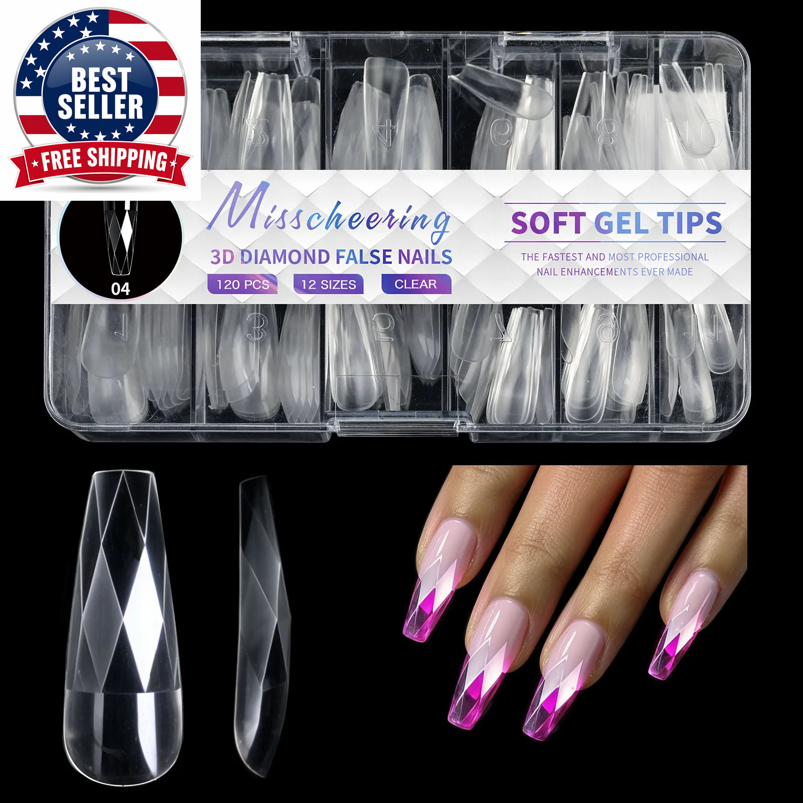 Diamond Shaped 3D Almond Nails Transparent Non-Marking Frosted Square Oval Weara