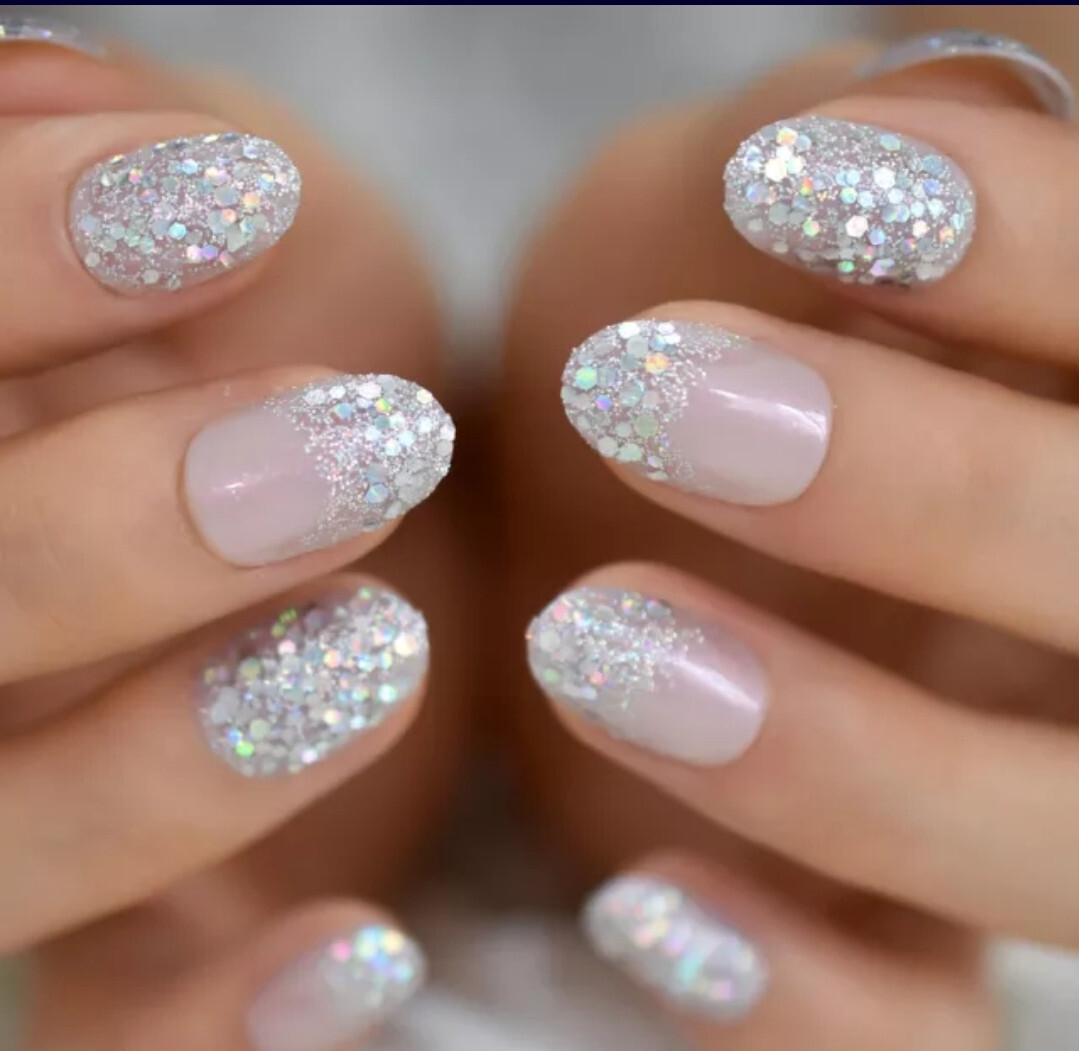 24 Short Press on nails kit w glue ombre glitter pink almond