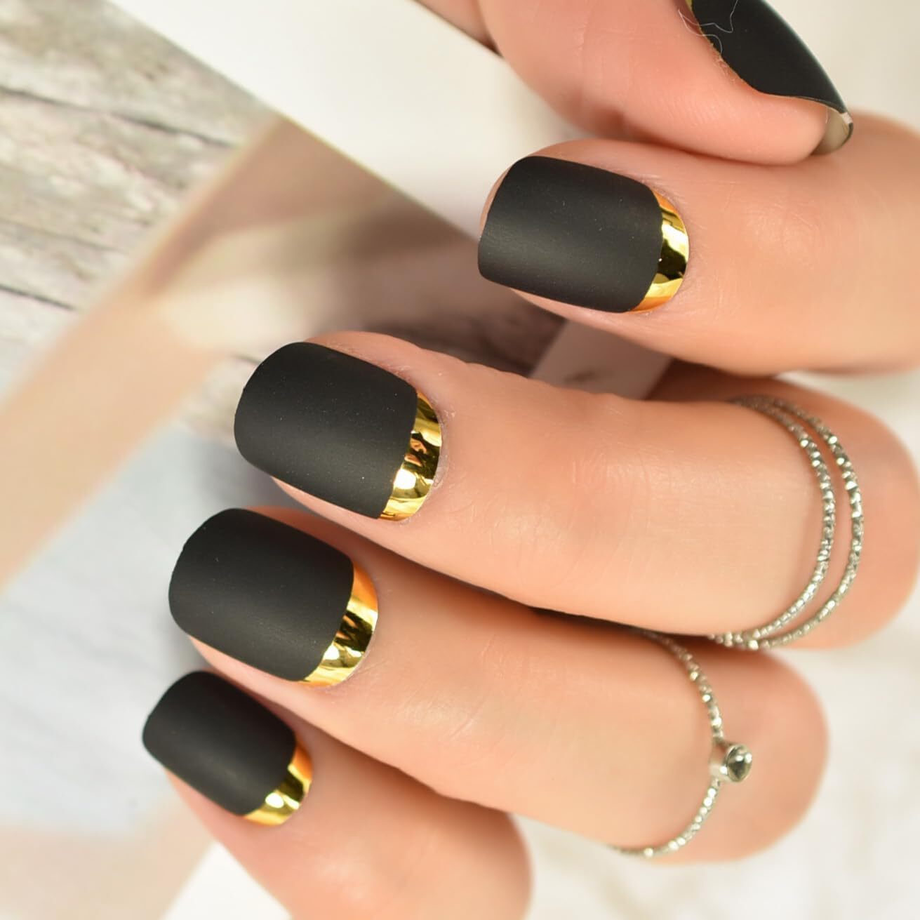 Matte Black Gold Chrome French Press On Nails Short Square Glue On Fake Nails