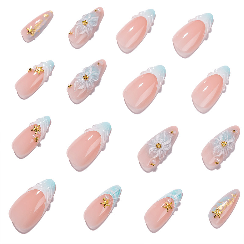 48pcs Stiletto Press on Nails, Light Blue French 3D Flower Gold Starfish Nails
