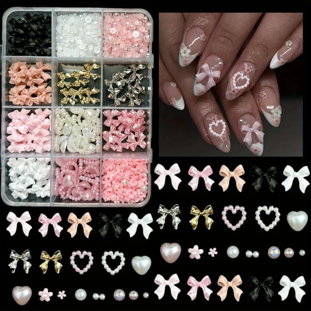 Nail Art Kit Resin Bow Charms Pearls Mixed Sizes DIY Manicure Set