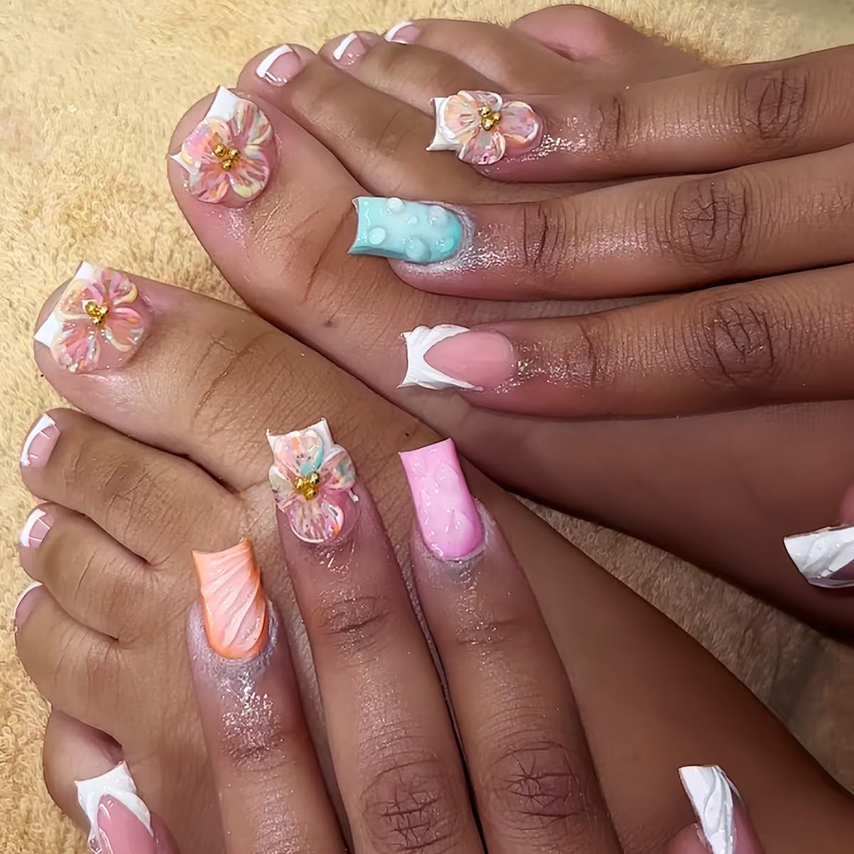 yefiuo Pink Press on Nails & Toenails Medium, & Orange & Blue