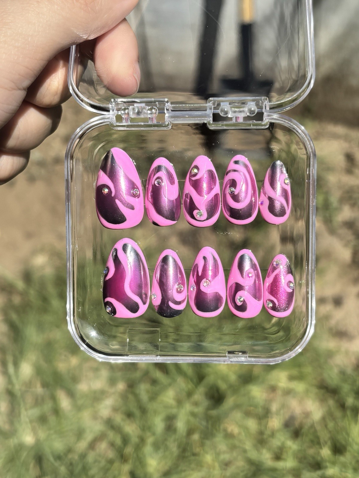 Pink Black White Abstract Swirl Almond Long Press-On Nails Glossy Full Cover
