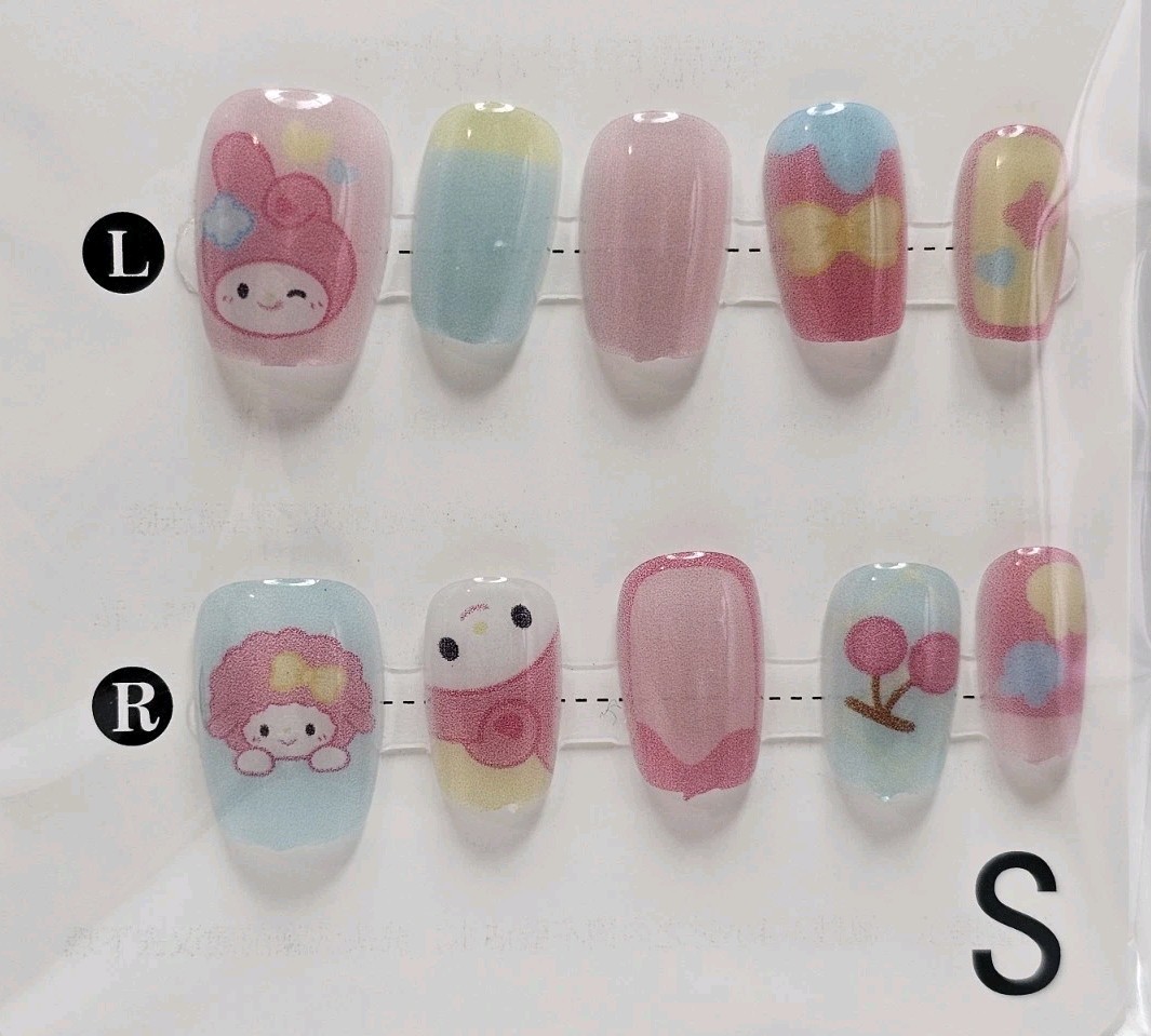 Press On Nails Pastel Cartoon Mix Cute Kawaii Designs Size S Nail Set