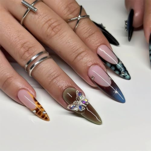 Stiletto Press on Nails Long Length Glue on Nails with Rhinestones and style 8