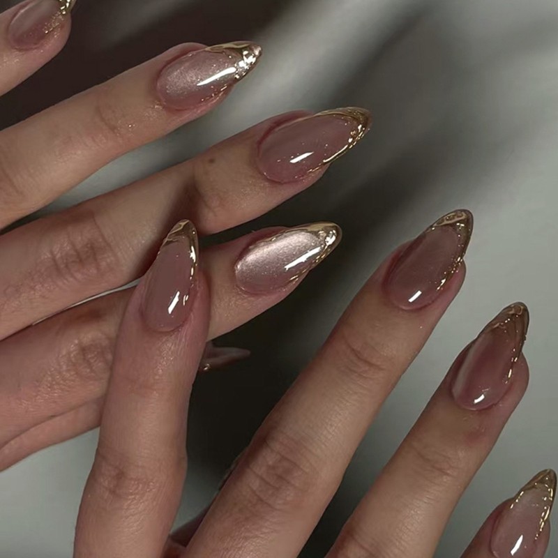 Press on Nail Almond Fake Nail with Sequins Designs Cats Eye On Nail