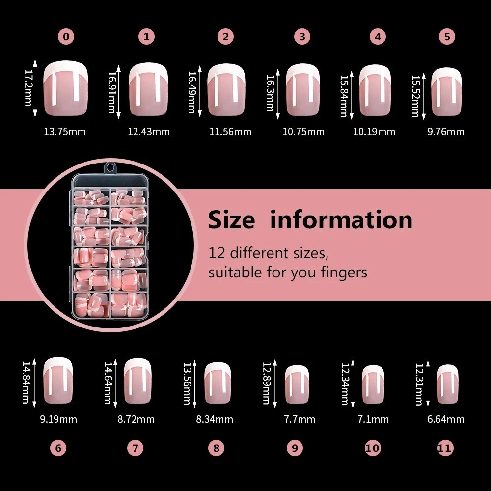 120Pcs Pink French Short Square Fake Nails 12-Sizes Full Cover Press On Nails We