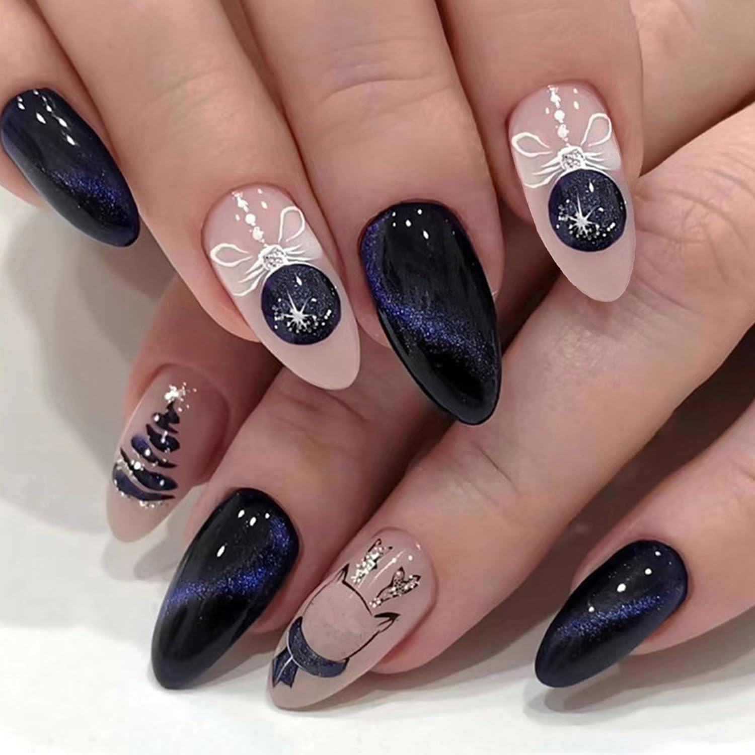 Winter Christmas Press On Nails Long Almond Glitter Snowflake Fake Nail Set