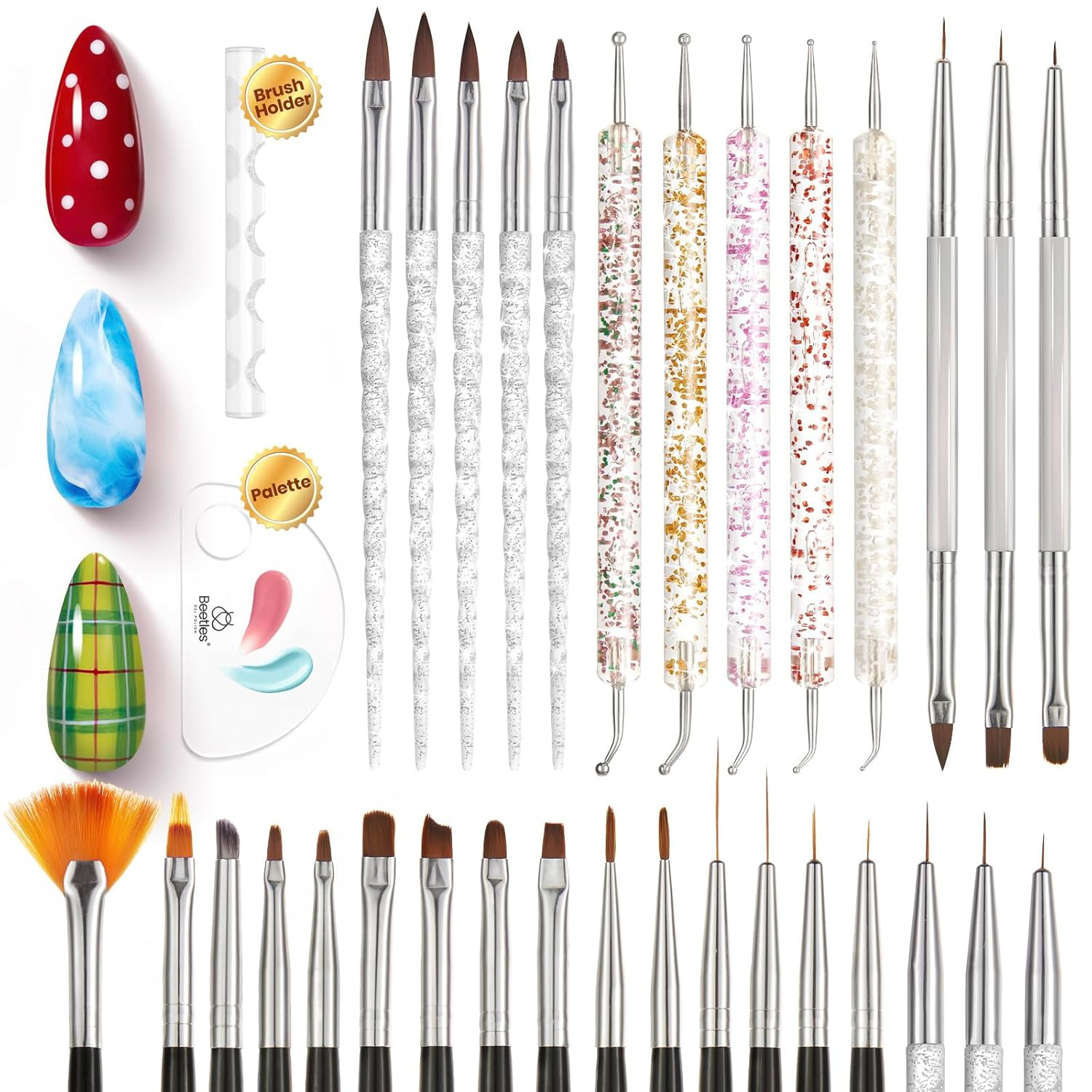 Beetles 31-Piece Nail Art Brush Set with Dotting Tools and Metal Handle