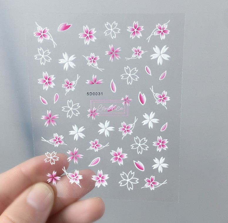 5D Nail Stickers White Pink Daisy Flowers Wedding Embossed Decal Nail Art NH27