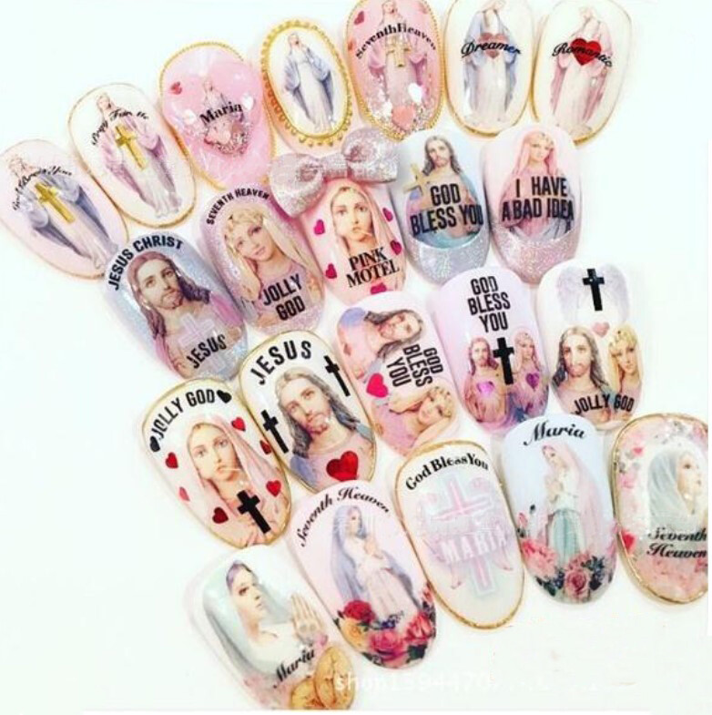 Nail Art Sticker DIY Design Waterproof Decal God Bless Maria Jesus Teddy Bear