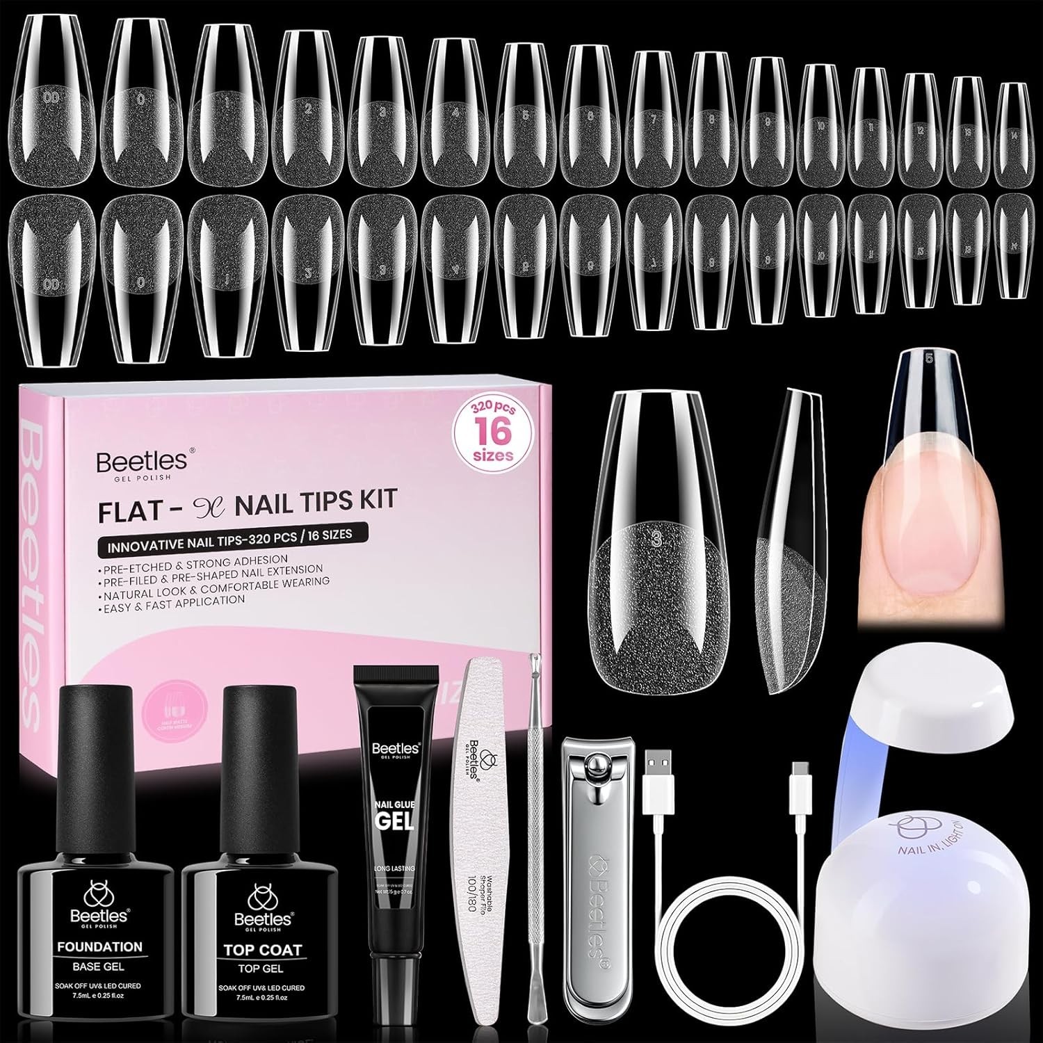 Beetles Gel Nail Kit Flat-X, Coffin Medium, 320pcs 16 Sizes Nail tips, with 1…