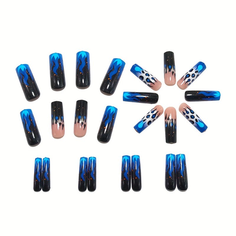 48Pcs-Neon Blue Flame Press on Nails Glossy Long Coffin Nail Art Set for Women
