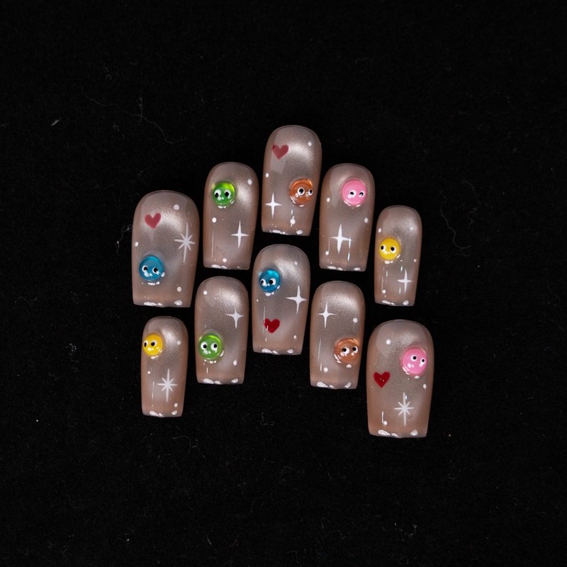 10pcs Nude Cartoon Nails 3D Heart Star Monster Cute Girly Daily Style