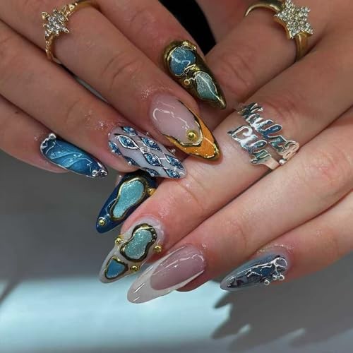 Almond Press On Nails Gold 3d Gold Glitter Ombre Design ​Date Night Nails Blue1