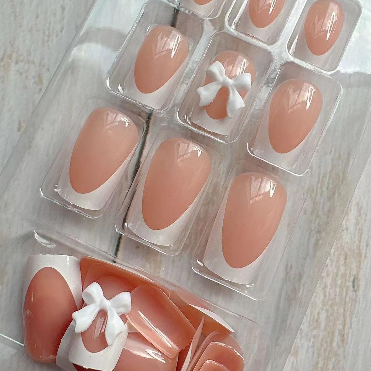 24Pcs Nude Pink color Press On Nails – Short Square, White French Tip, Full C…