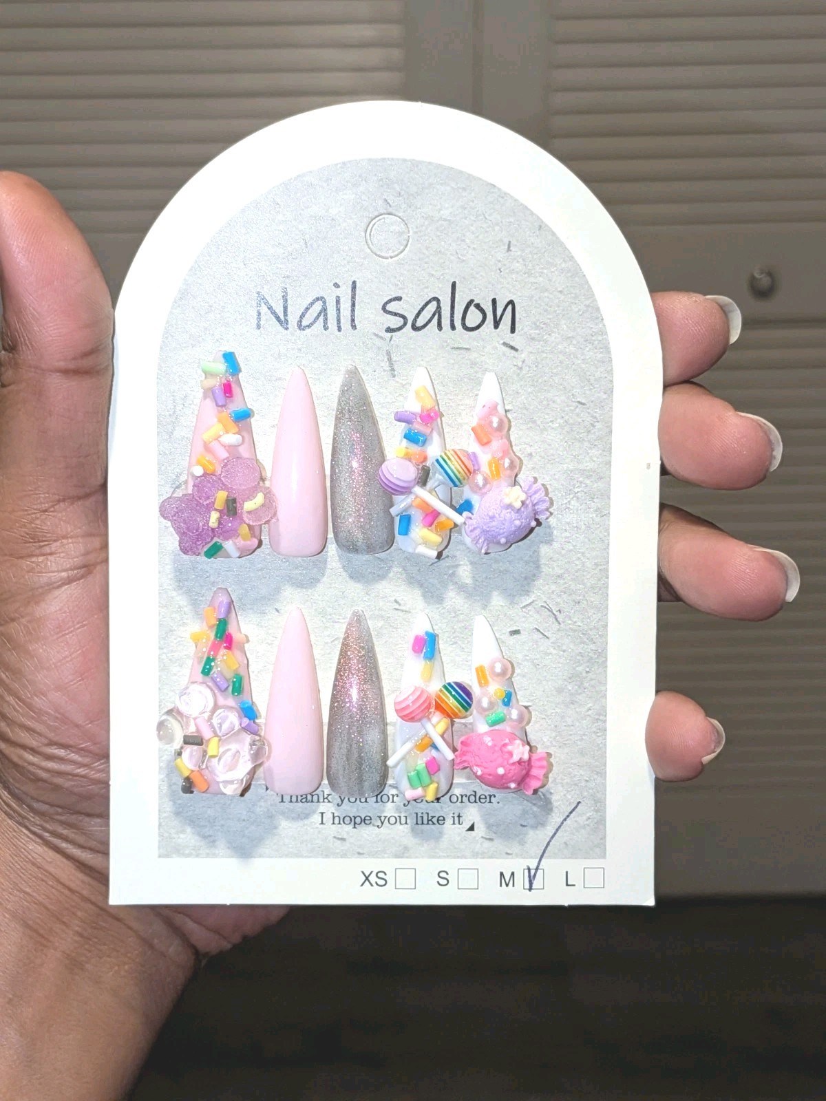 Hand Crafted Pink, White & Purple Stiletto Press-On Nails with Candy 3D Charms