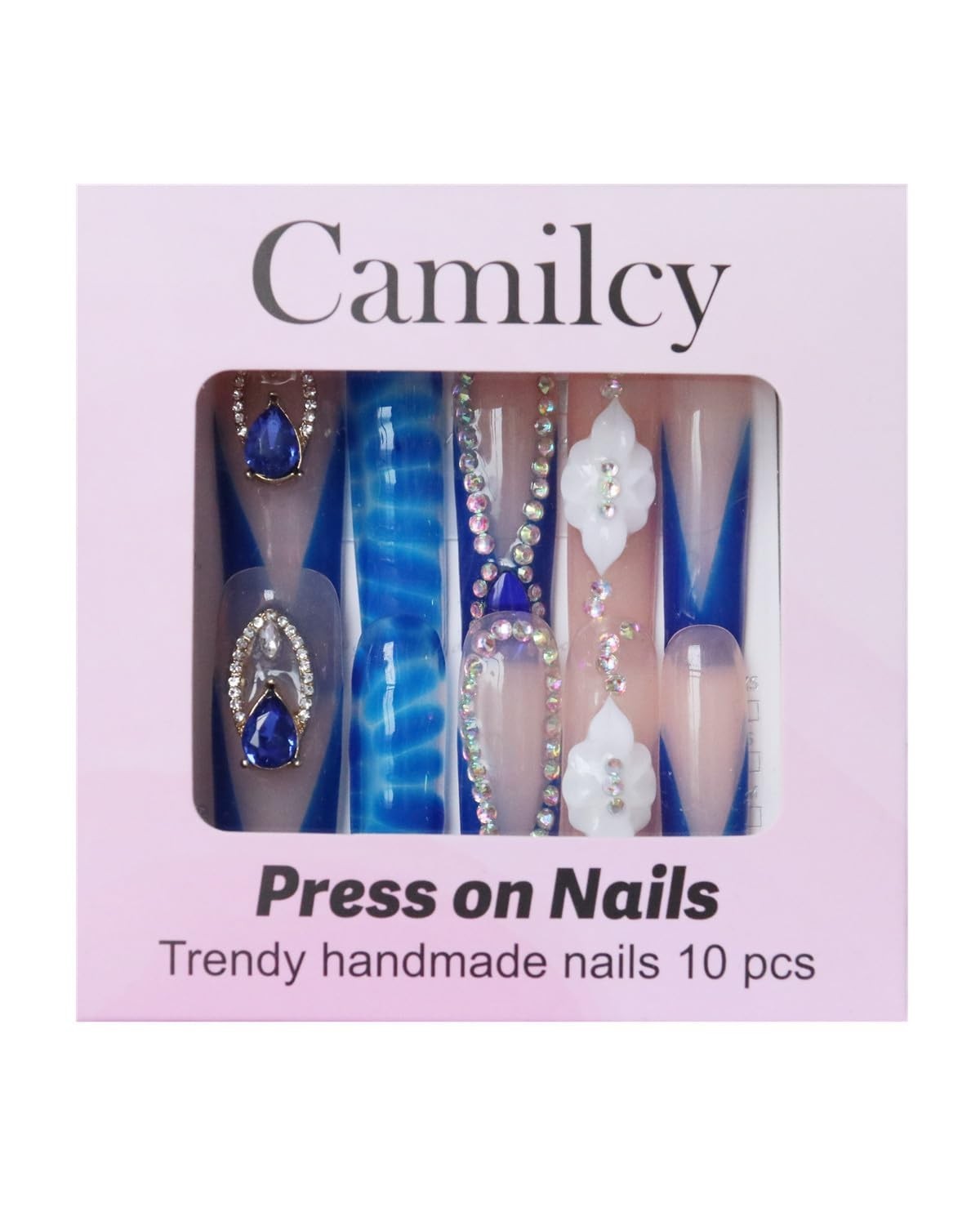 Luxury Handmade Long Blue Water Ripple Coffin Press-On Nails – 10pcs Glossy Acry