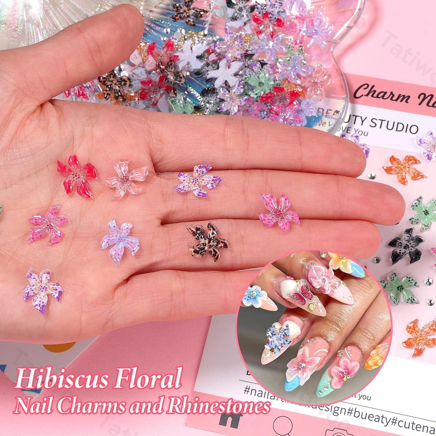 100Pcs Flower Nail Charms 3D Hawaii Flower Nails Color Soft Hibiscus Floral Art