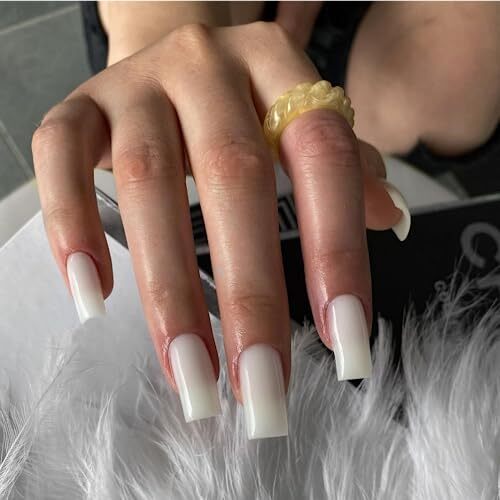 Frosting White Press on Nails Medium Long Square, Solid Color Ivory,White