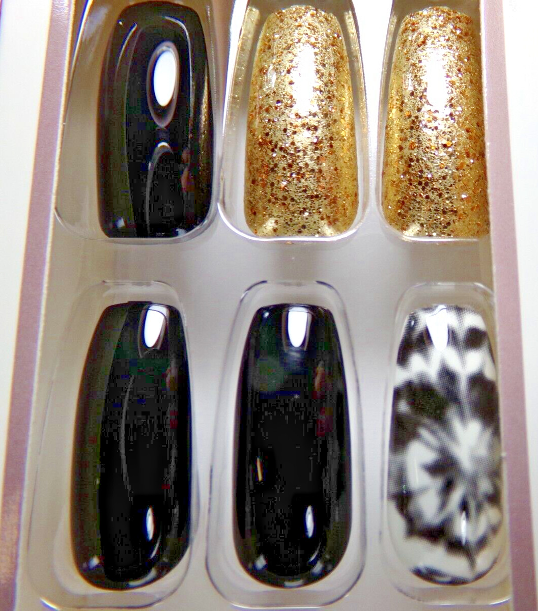 KISS NAILS GLUE ON Black & White & Gold Glitter Tie Dye LONG, COFFIN Free ship