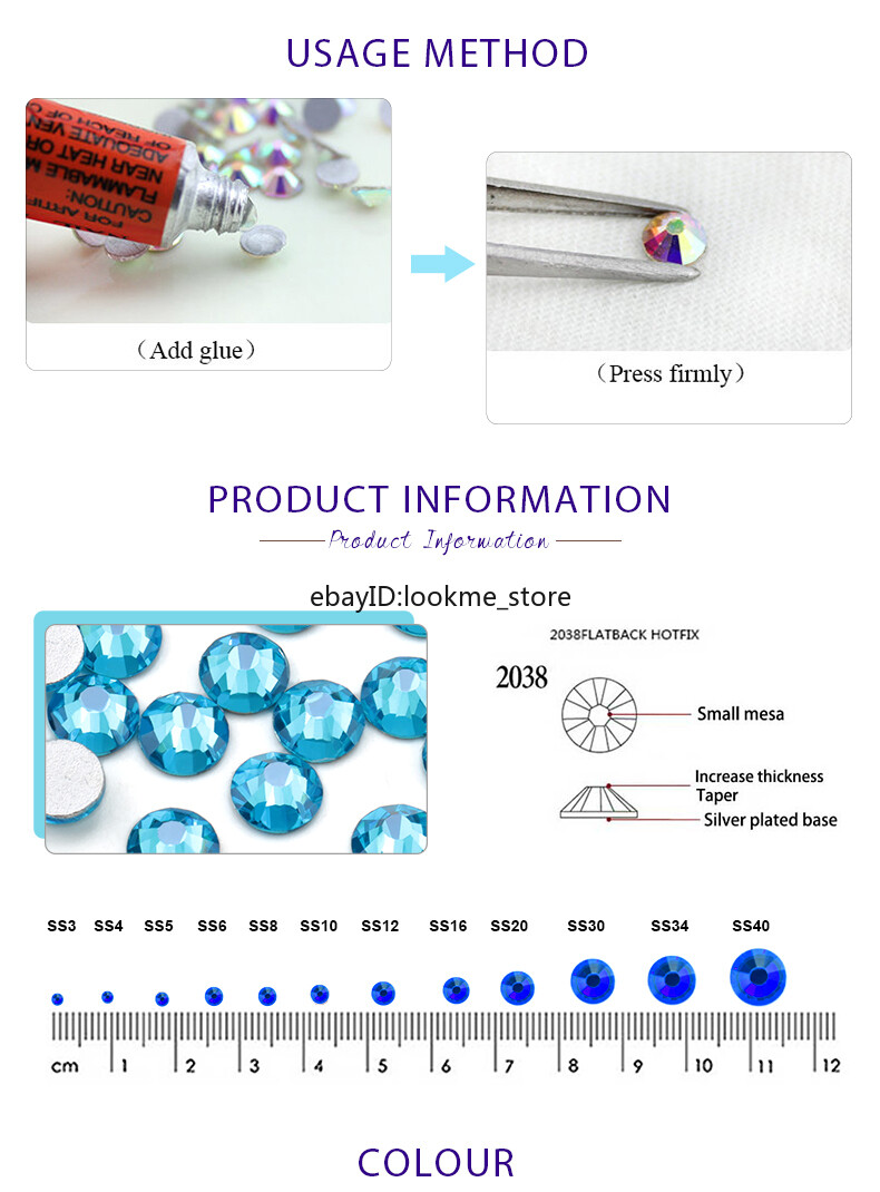 1440pcs Blue Glass Crystal Nail Art Rhinestones Flat Back Gems 3D Nail Tips Deco