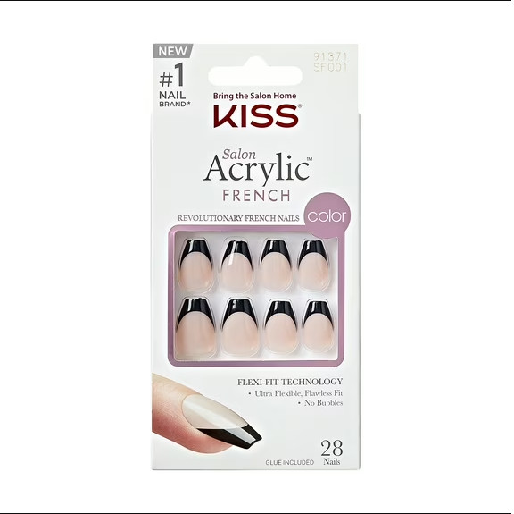 Kiss Salon Acrylic French Tip Black Color Glue-On Manicure Coffin Short Length