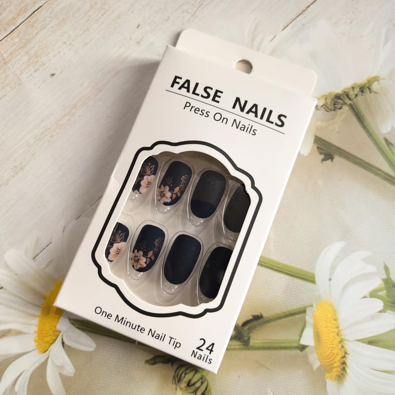Short Press on Nails Almond Fake Nails with Flower Leaves Design Matte Black Nud