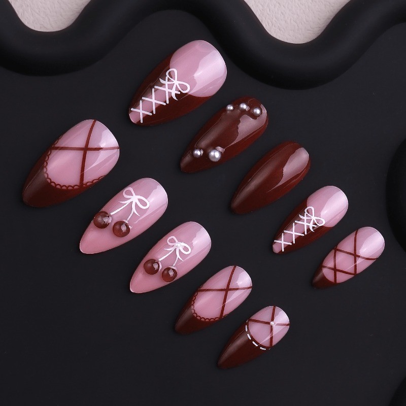48 Pcs Medium Length Almond Shaped, Bow and Cherry Colored, Removable Fake Nails