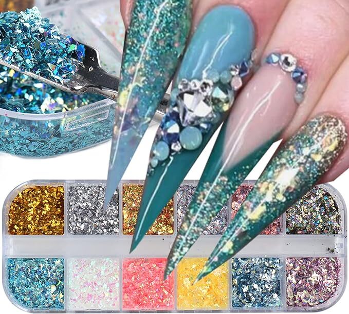 12 Grids Glitter Nail Art Colourful Scattered 3D Decoration Bling Studs Craft UK