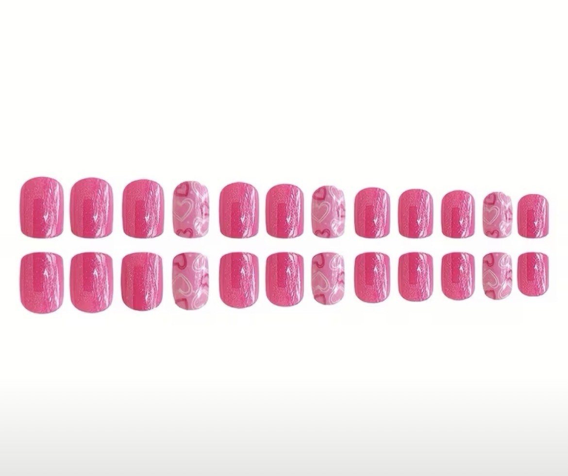 Pink White Heart Square Short Press-On Nails Shiny Pre-Designed Glue Included